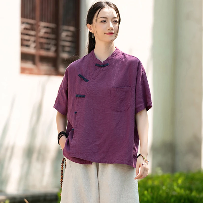 Style chinois femmes coton lin chemise décontractée nouveauté 2025 été Vintage col montant lâche femmes hauts chemises M1845