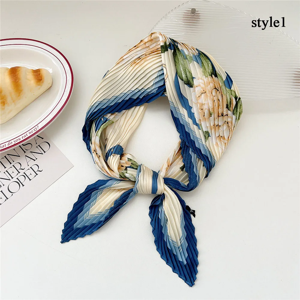 Peony Flower Pleated Silk Scarf Square Neck Scarves Crinkle Hair Bands Scarf Bandana Satin Hijab Head Wraps Neckerchief 70cm