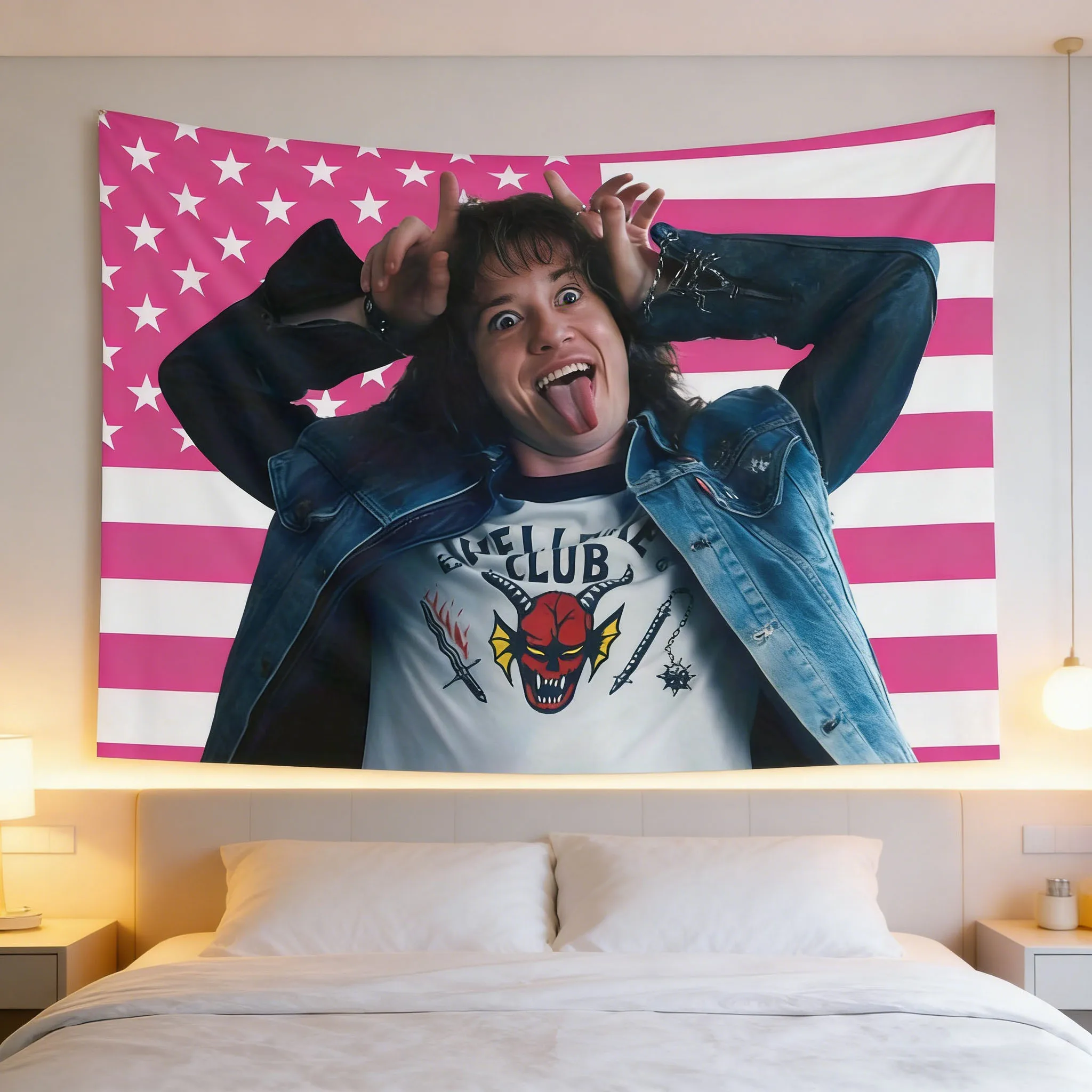 Eddie Munson Pink Flag Tapestry, Joseph Quinn Inspired Print, Assorted Grommets, Bright Aesthetic Wall Art Decoration
