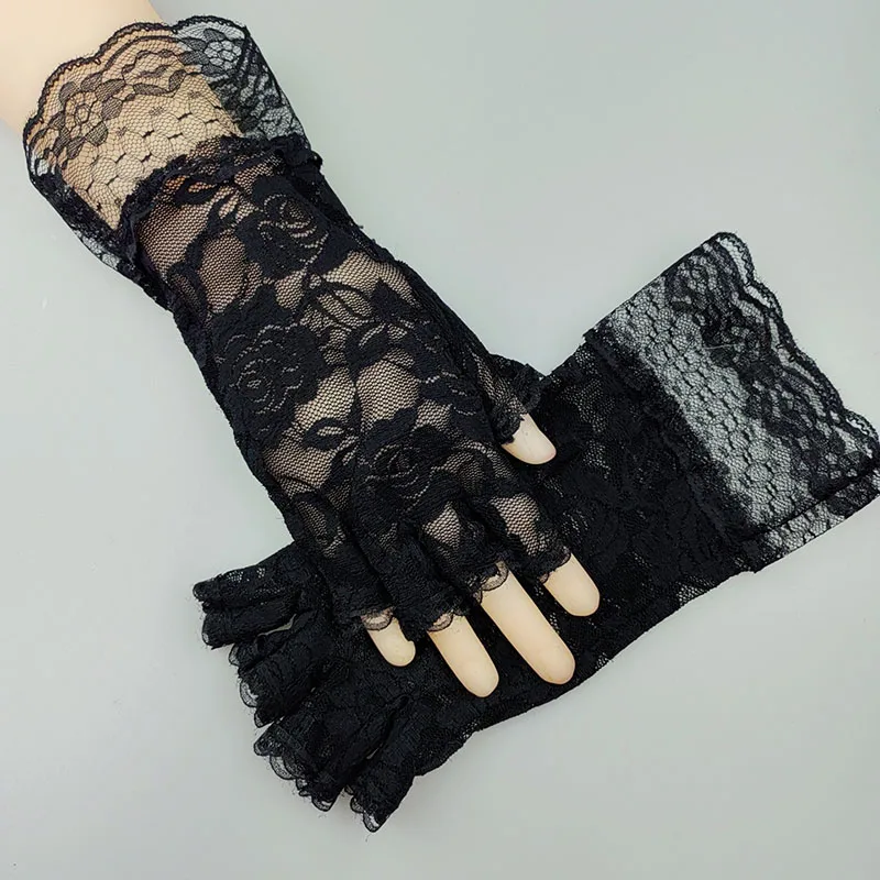 

Sexy Lace Gloves Cosplay Woman Short Thin Elastic Mesh Half finger Sunscreen Arm Sleeves Nightclub Dance Performance Perspective