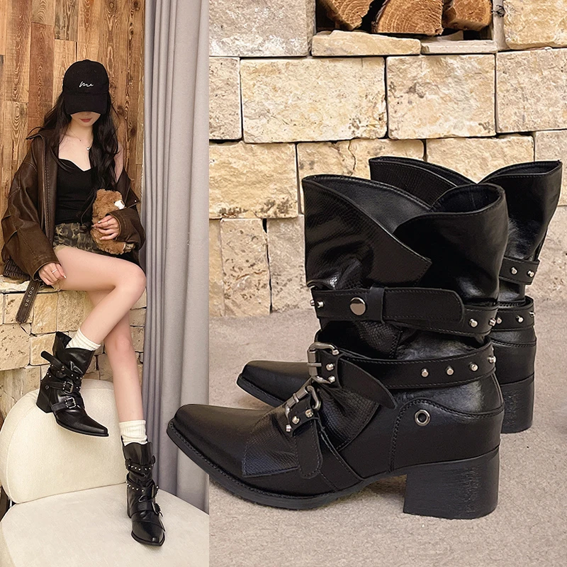 

Женские черные кожаные модные женские ботинки до колена в стиле панк на низком каблуке в стиле панк, готика, новые кожаные модные женские ботинки в стиле рок