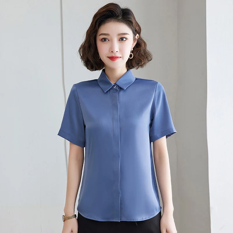 New Lapel Fashion Versatile Satin Professional Pure Color Short Sleeved Shirt For Women\'S Summer Thin Chiffon Temperament Top