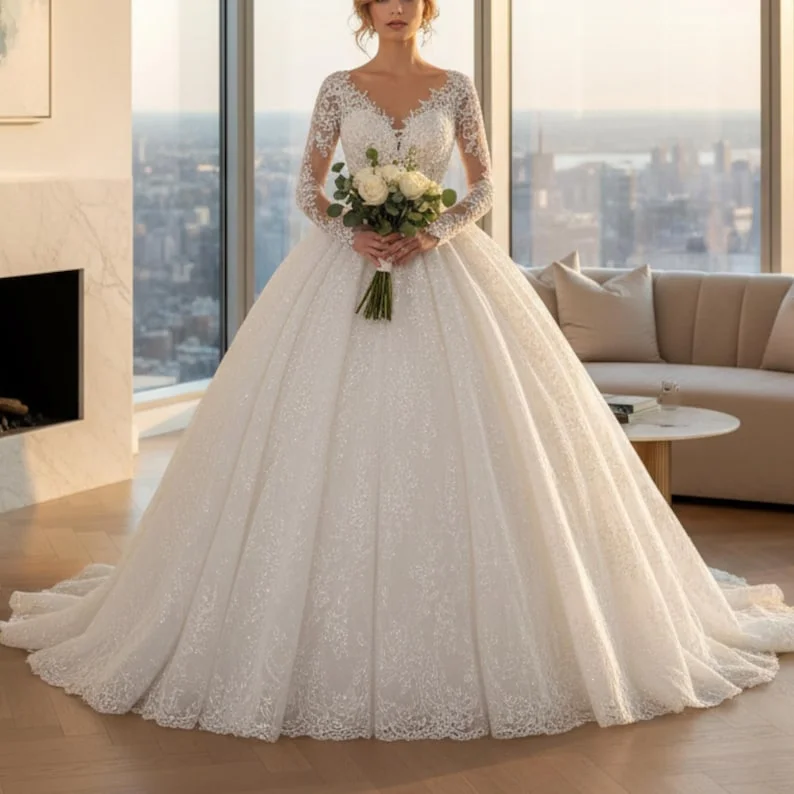 Elegant Long Sleeve Lace Ball Gown Wedding Dress V Neck Beaded Sequined Sparkly Princess Bridal Gown For Women Customized
