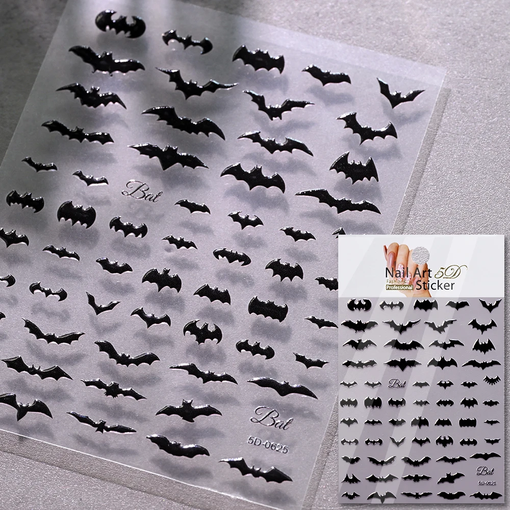 1 Stück 5D Schwarze Halloween-Spinnen-Nagelaufkleber mit verschiedenen Designs: Fledermaus/Geistergesicht/Kürbis/Totenkopf, selbstklebende Slider, DIY-Nagelzubehör