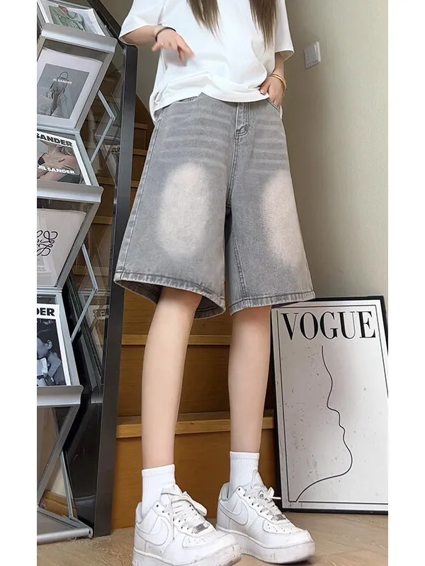 

Cleanfit Cement ey Men's Summer Vintage Loose Straight Leg Jeans ort Pants Five Parts Waed out Casual Breathable orts