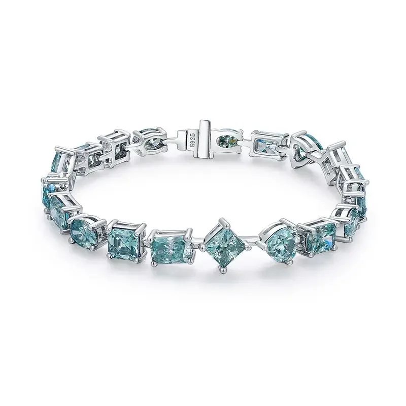 1 Carat Special-shaped Colored Moissanite Princess Square Heart Oval Irregular Diamond 925 Silver Blue-green Bracelet