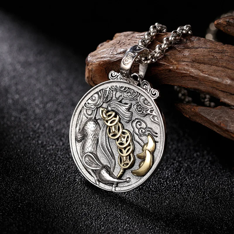 S925 Sterling Silver Mouse Pendant Black Color Old Process Unisex Gold-Plated Six Words Fine Jewelry FYNE390