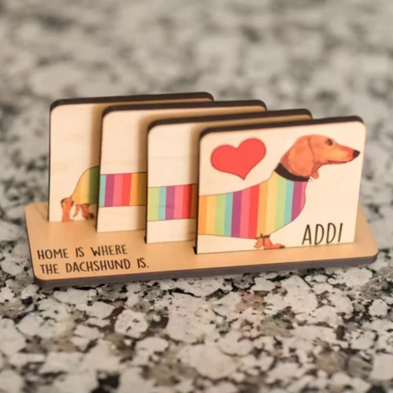 

Cartoon Dachshund Wood Coaster 4pcs/set Cute Unique Craft Coaster Dog Lover Gift For Home Decor Home Table Decoration Novelty