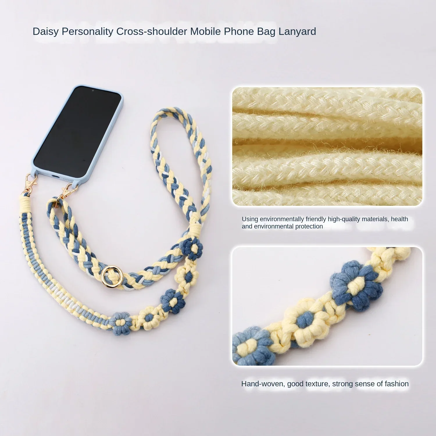 Hand-woven Bohemian pastoral flowers, daisies, long crossbody adjustable mobile phone lanyard