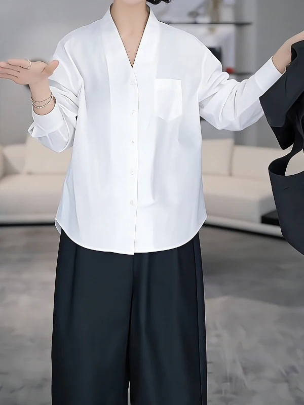 

Женская свободная блузка больших размеров с V-образным вырезом и длинным рукавом, в корейском стиле, повседневная, модная, весенняя новинка