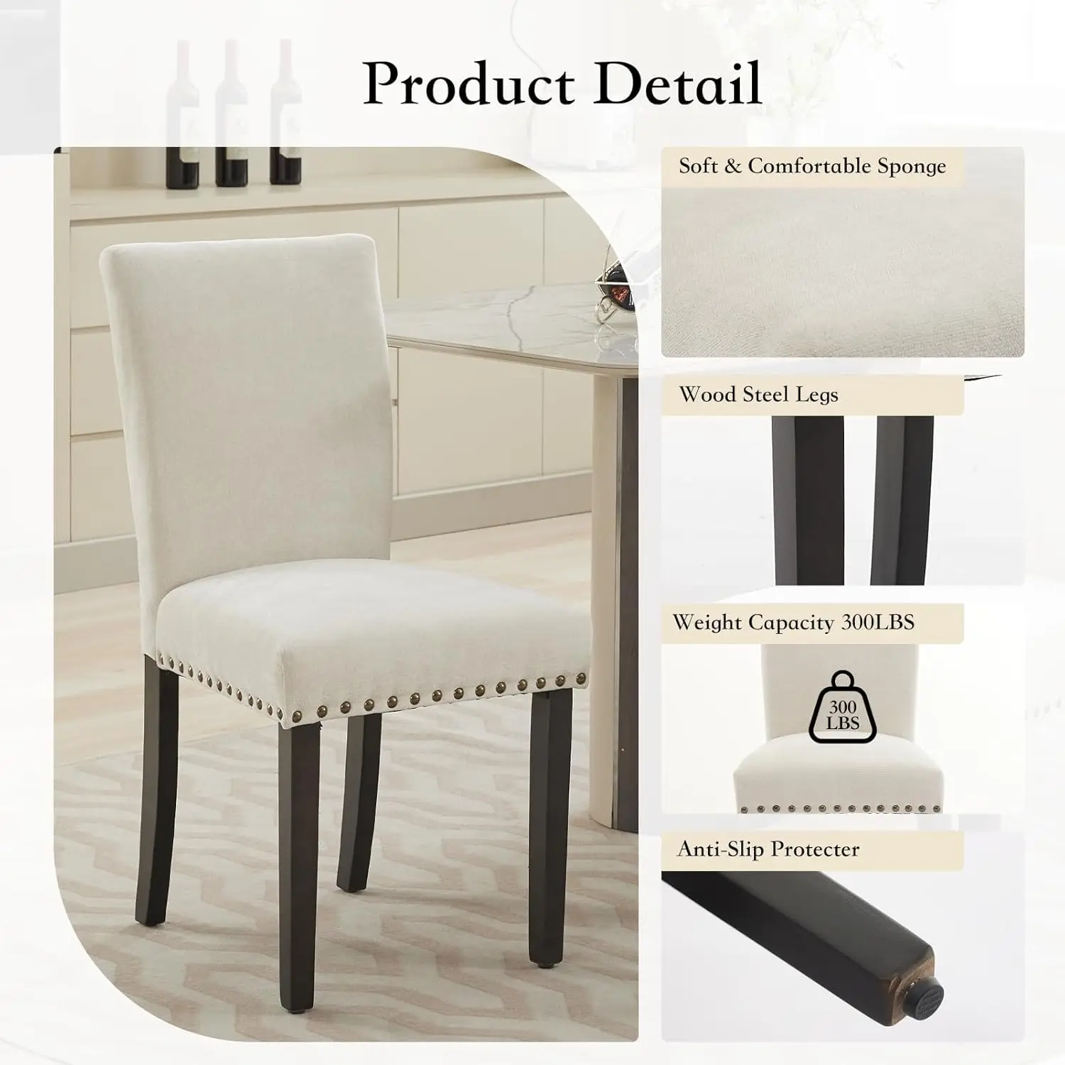 مجموعة كراسي تناول الطعام مكونة من كراسي غرفة العشاء المنجدة من بارسونز وكراسي المطبخ القماشية مع حواف رأس الأظافر/أرجل خشبية قوية وP #6