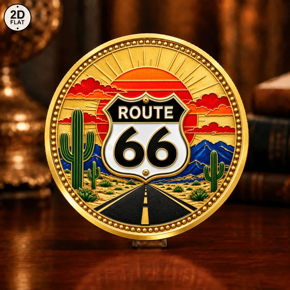 US Route 66 Commemorative Coin Vintage Classic Pickup Truck Desert Highway Gold Plated Collectible Coin Souvenir Gift