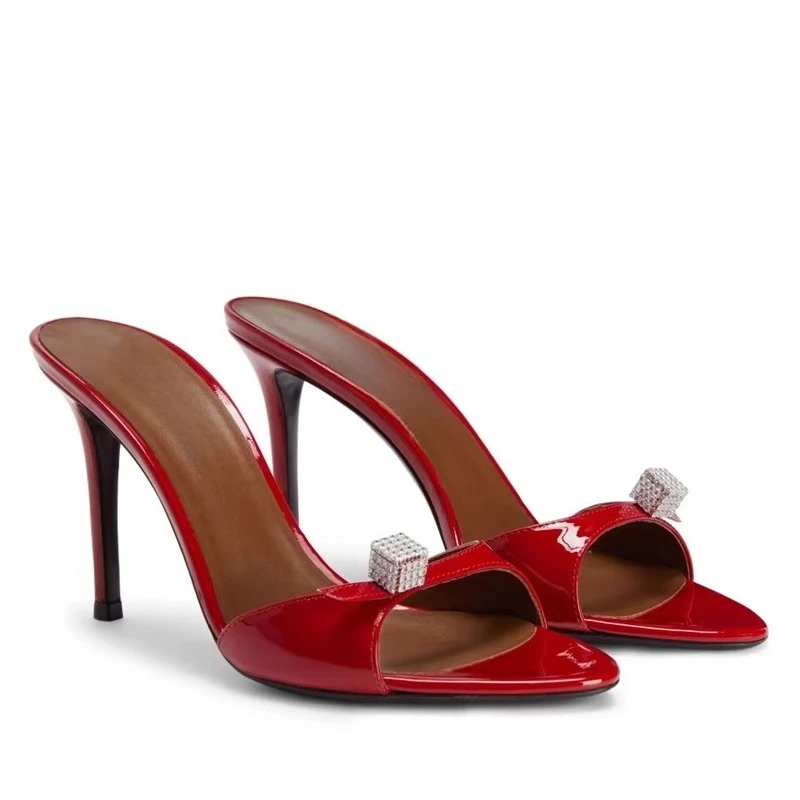 

2026 New One-word with Rhinestone Pointed Half-tow High-heeled Sandals Women's Thin-heeled Sexy Open-toed Cool Slippers