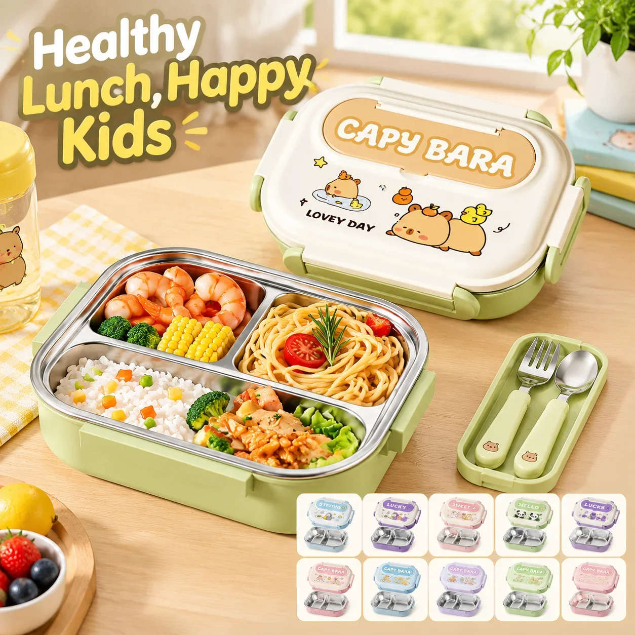 316 Stainless Steel Cartoon Bento Box with Cutlery Leakproof Compartment Lunch Box for Kids Students