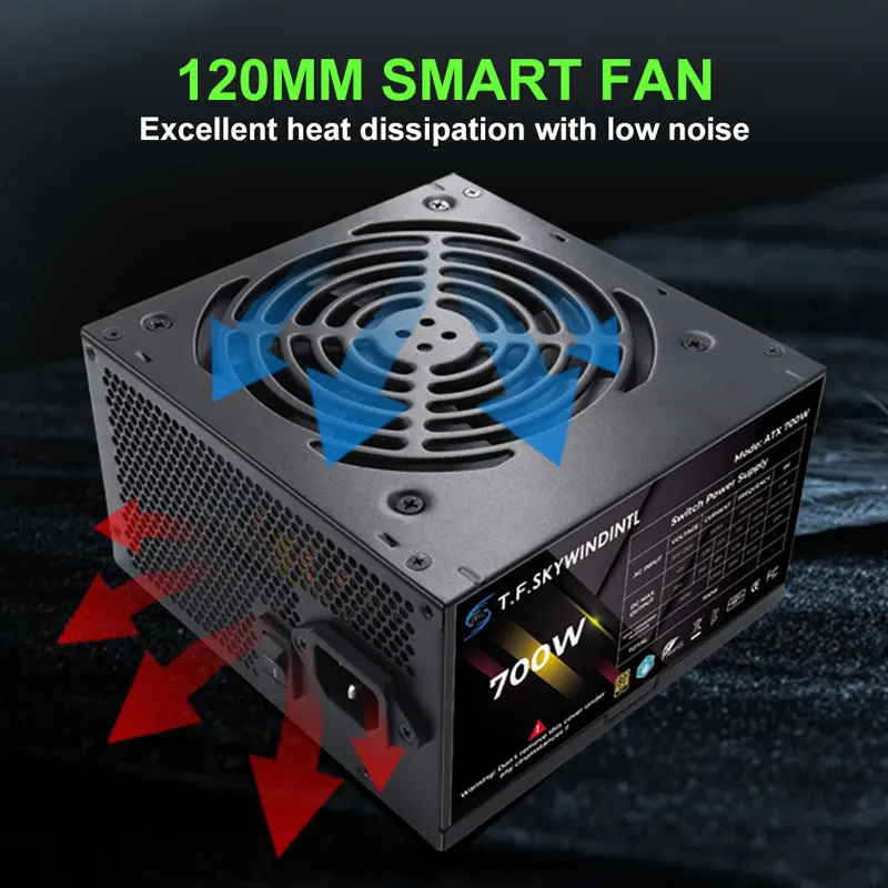 T.F.SKYWINDINTL PC Power Supply Unit 700 watt power supply Black Gaming Quiet 120mm Fan 24pin 12V ATX Desktop Computer PSU