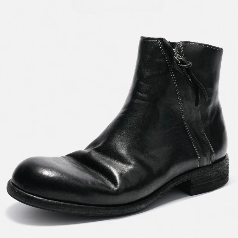 Hand-sewn Chelsea Boots Shoes for Male Washed Horse Leather High Top Boots Breathable British Retro Side Zipper Horse Skin Boots