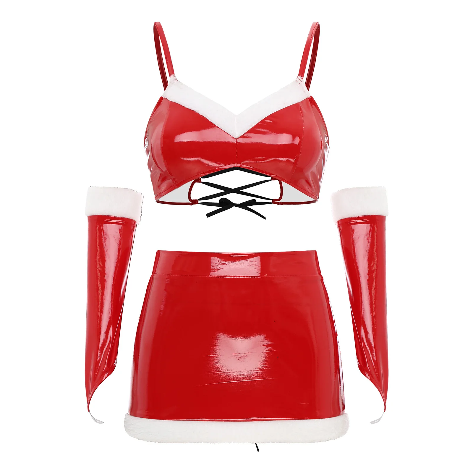 Womens Red Glossy Santa Claus Dress Patent Leather Wet Look Christmas Sexy Cosplay Costume Crop Tops Open Butt Skirt And Glover