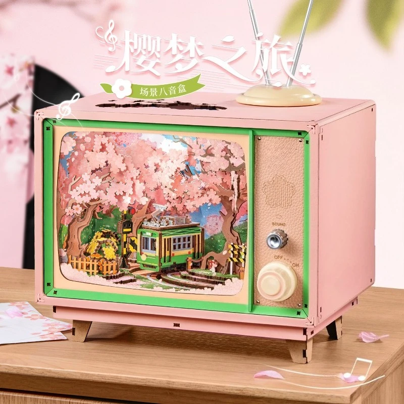 Cherry Blossom Music Box DIY Wooden Puzzle 3D Building Model Kit Mechanical Gear Rotating Carousel Birthday Gift For Her Kids