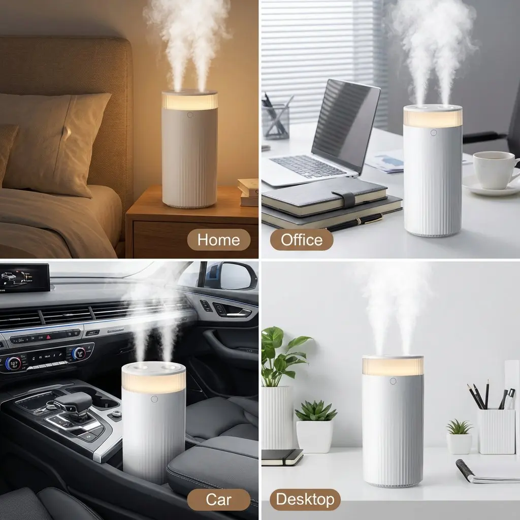 Umidificatore domestico da 1,25 litri con doppio nebulizzatore spray e luce notturna Protezione contro la carenza d'acqua Umidificatore silenzioso portatile per uso essenziale
