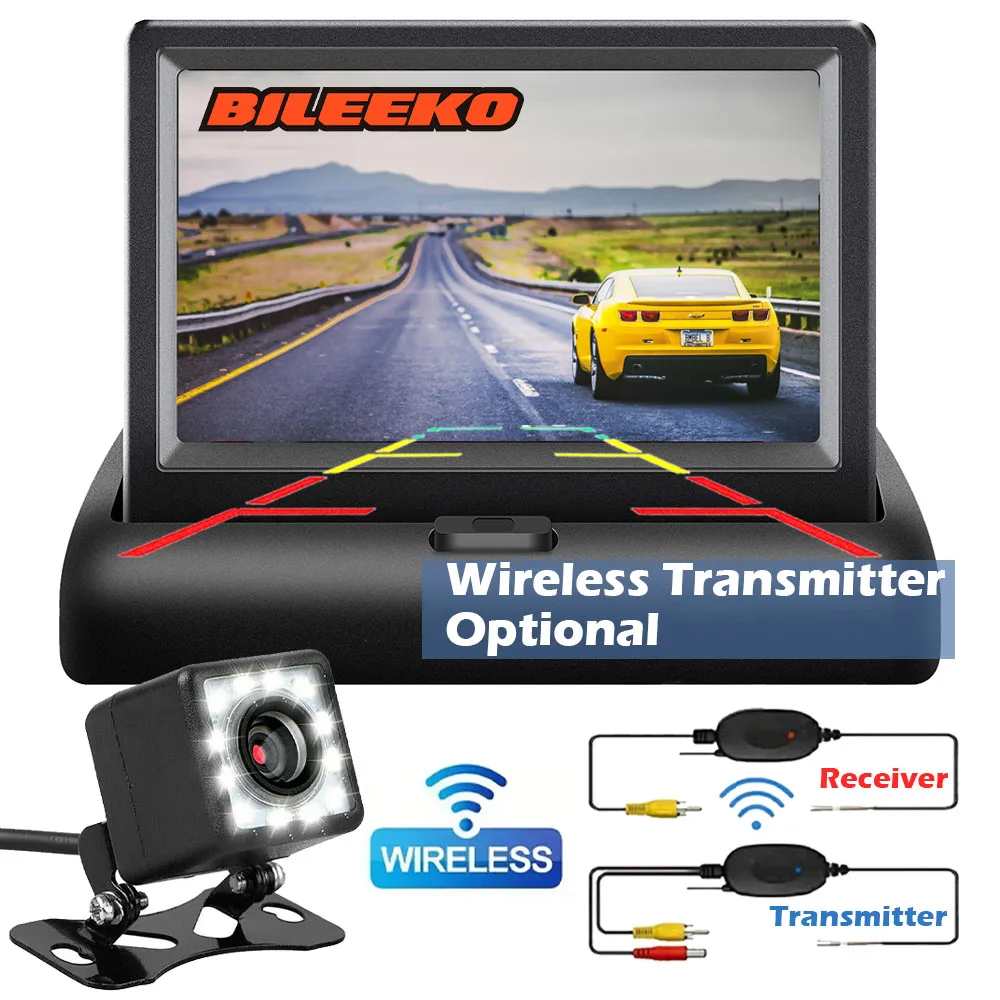 

Car Rear View Monitor Folding Screen with Backup Camera for Parking and Reversing-Wired Video Cable/Wireless Transmitter Optiona