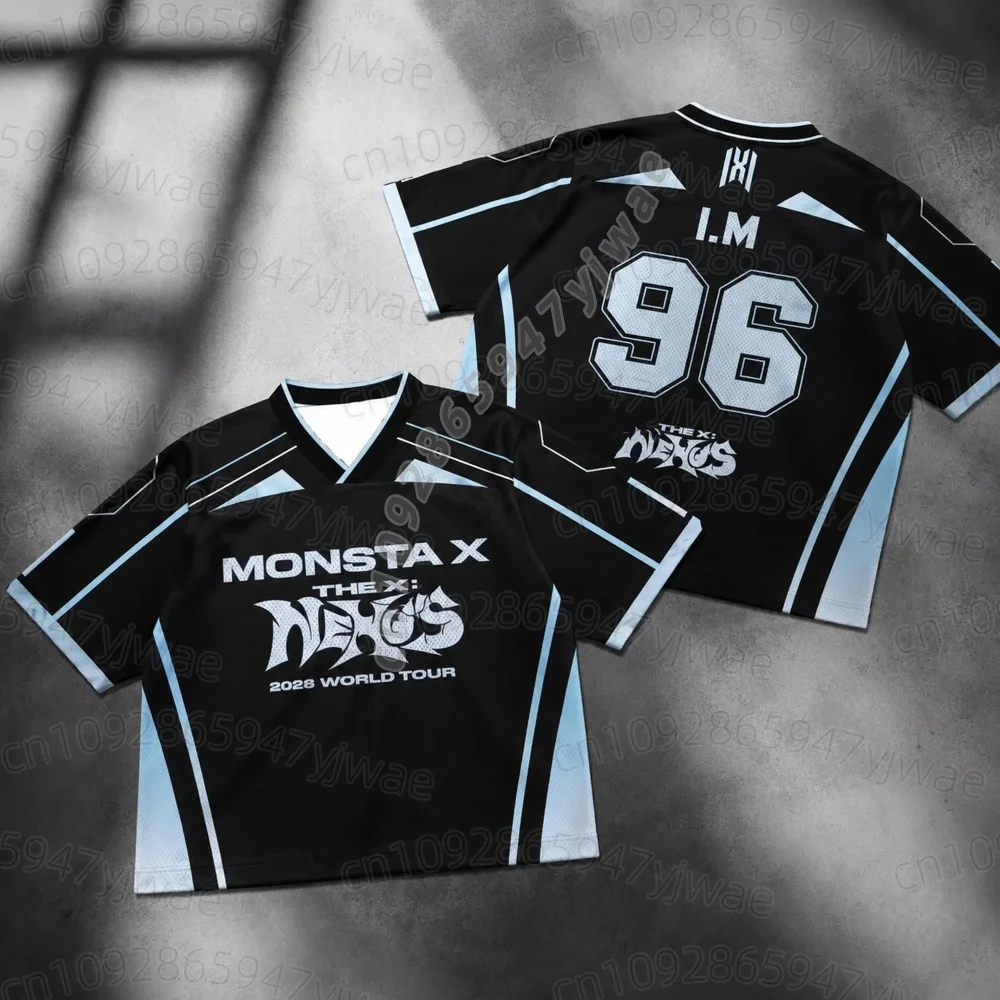 Summer Adult Women Galactic Monsta X World Tour The X Nexus Mixed Mesh Jersey Hyungwon Fans T-Shirt Women Men Beach  T-Shirt