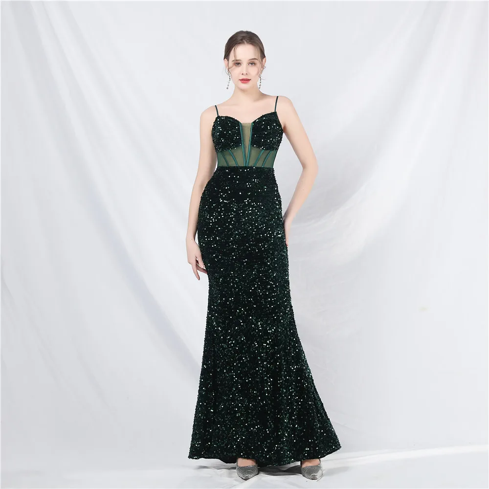 

Sequin Mermaid Long Evening Dress Sexy Spaghetti Strap See-through Backless Lace-up Maxi Dress Banquet Wedding Party Prom Gown