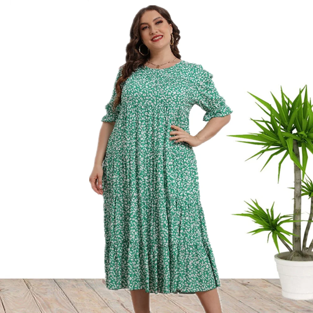 Plus Size Floral Print Half Sleeve Maxi Dress, Women's Plus Round Neck Long Dress, Dress Women