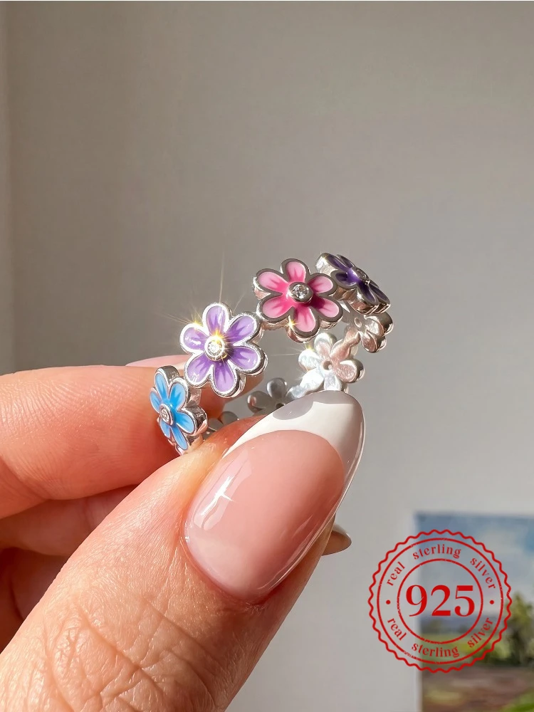 925 Sterling Silver Colorful Flowers Surround Ring For Women Engagement Anniversary Romantic High Quality Fine Jewelry