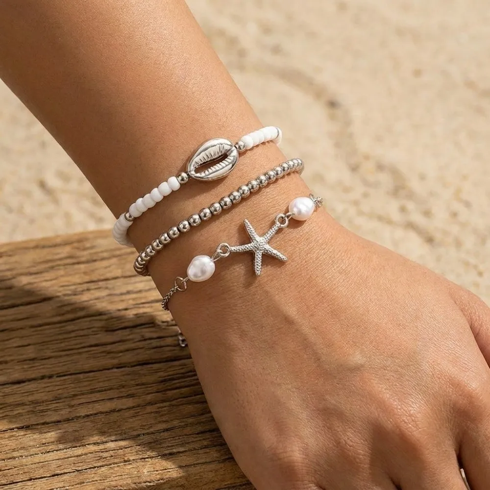 3Pcs Elegant Pearl Shell Bracelet Set Stretch Universal Beaded Bracelet Set Charm Bohemia Multiple Layers Bracelet Summer