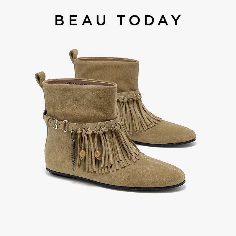 BEAUTODAY Ankle Boots Women Cow Suede Leather Solid Color Tassel Buckle Strap Western Boots Slip-on Ladies Shoes Handmade 03764
