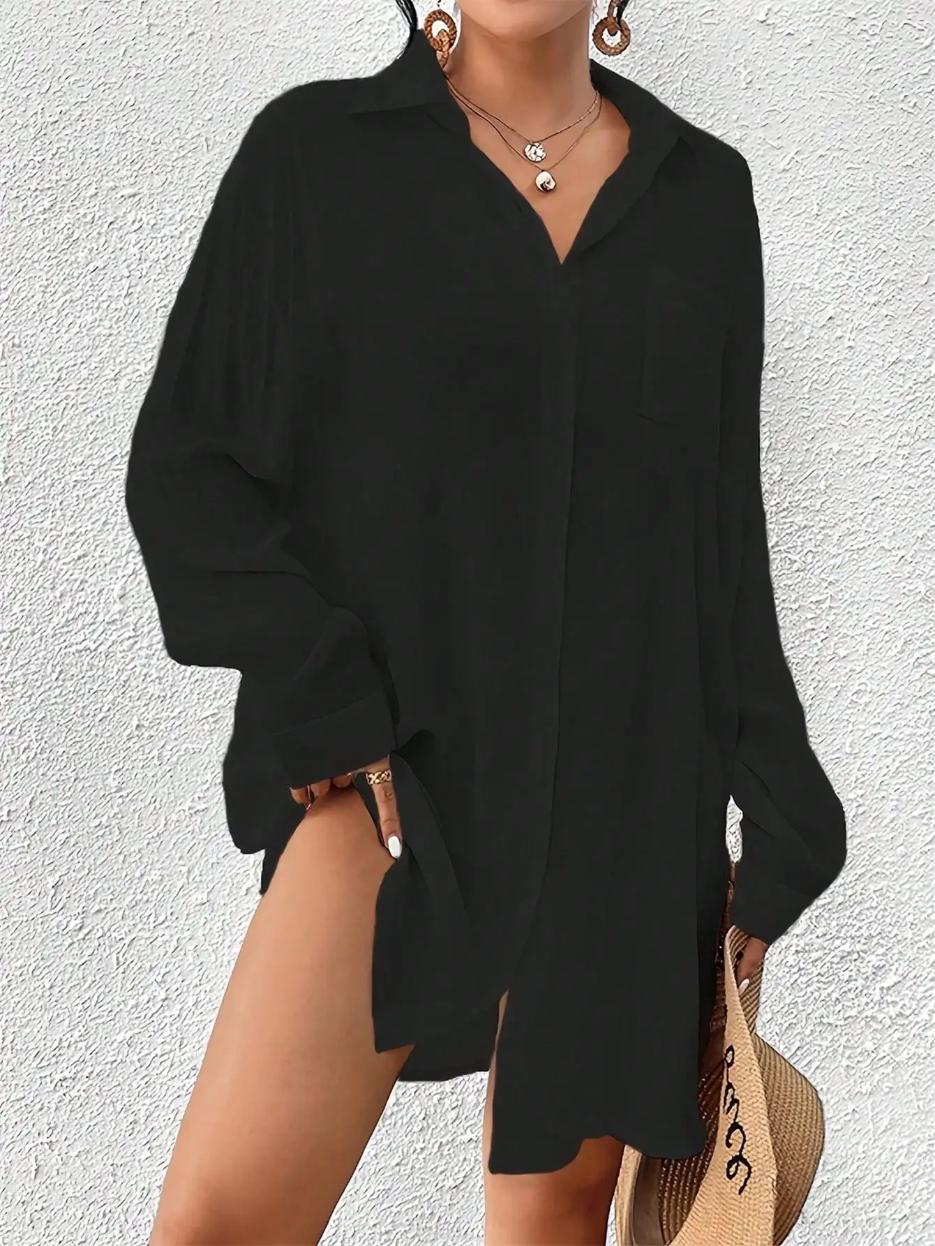 

Women Casual Long Sleeve Shirt Dress Solid Black Vacation Beach Summer