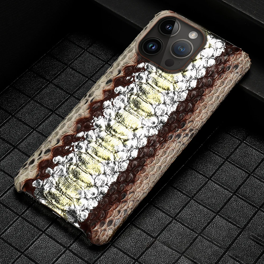 

Luxury Phone Case For iPhone 16 15 11 12 13 14 Pro Max 16Pro Plus Shockproof 100% Genuine Python Leather Protect Back Cover
