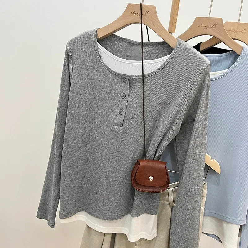 New Women Mock Two-piece T-shirts O-neck Single Breasted Long Sleeve Tops Women Spring Autumn Fashion Loose Casual Contrast Tees