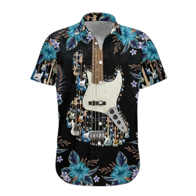 Mens Acoustic Guitar Graphic Hawaii Shirt 3d Full Print Saxophone Graphic Tee Shirts Men Casual Short Sleeve Button Down Shirts