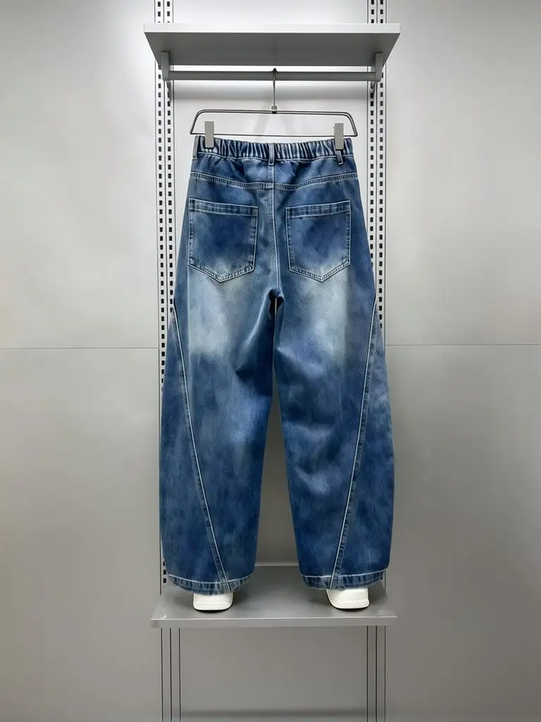 Vintage Patchwork Washed Blue Baggy Jeans Men Wide Loose Straight Jeans Trousers Y2k Streetwear Long Pants Denim Curved Pants