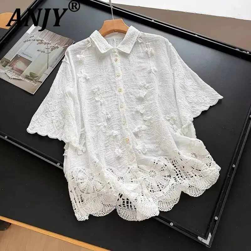 

ANJY Spring Summer New Women Niche Loose Casual Embroidered Three-Dimensional Flower Hollow Out Design Short Sleeve Shirt A24555
