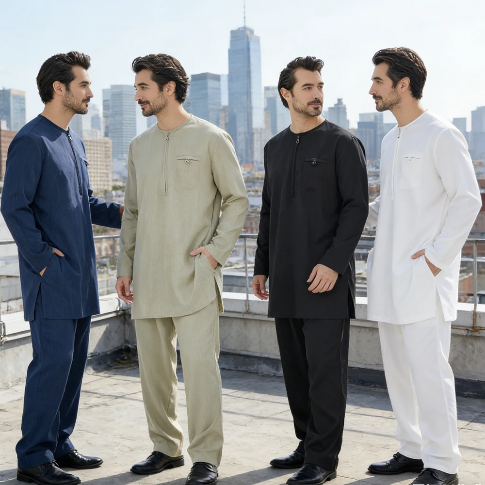 

New Kaftan Men's Suit Muslim Jubba Thobe Long-Sleeved Shirt Tops and Pants 2-Piece Set Dubai Abaya Outfits Robe Islam Clothing