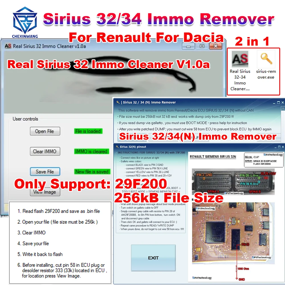 

For Renault For Dacia Real Sirius 32 Immo Cleaner V1.0a Sirius 32/34(N) Immo Remover 2in1 Software Support 29F200 256kB File