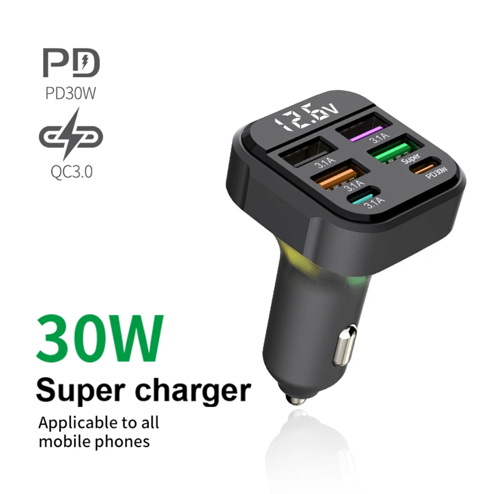 Cargador de coche de 6 puertos de carga rápida PD 30W QC3.0 USB C cargador de teléfono de coche Universal adaptador tipo C en coche para iPhone Samsung Huawei