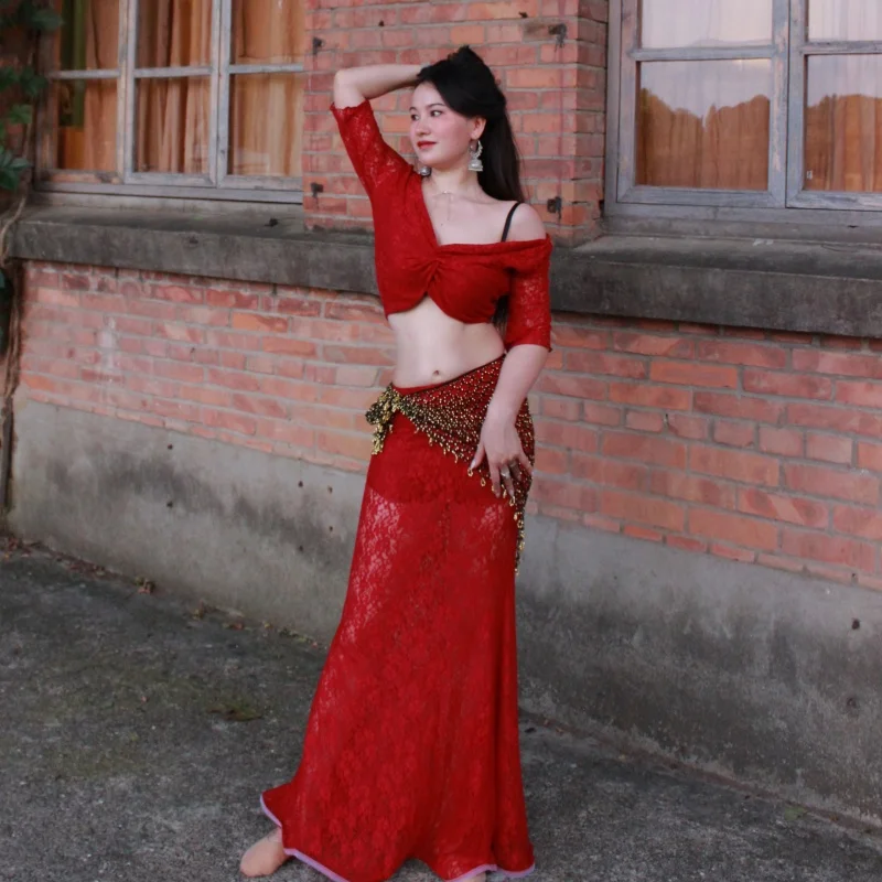 بدلة أداء الرقص الشرقي مجموعة دانتيل مثيرة راقية للبالغين ملابس ممارسة الرقص الشرقي الاحترافية ملابس تدريب الرقص