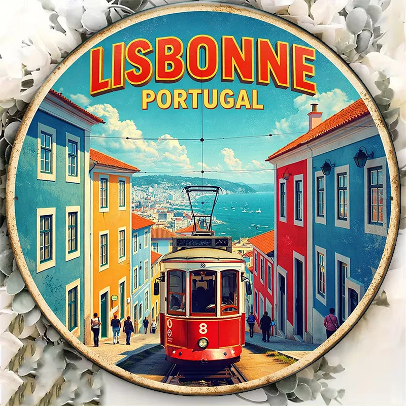 1pc 8*8In/20X20Cm 2D Flat Round Sign, Lisbon Tram Retro Plaque, Portugal Lisbon City Scenery Decorative Sign, Suitable for Livin