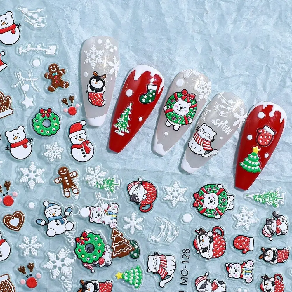 3D Cute Christmas Nail Art Stickers Inverno Babbo Natale Decalcomanie per manicure Pupazzo di neve Rilievi in rilievo Unghie Smalto Adesivo Donna
