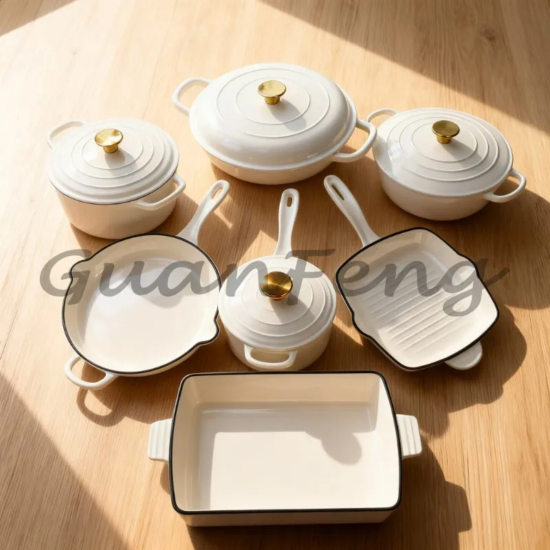 Multi-Color Classic Cast Iron Cookware Collection, All Metal Cooking Pot for Baking and Milk Boiling