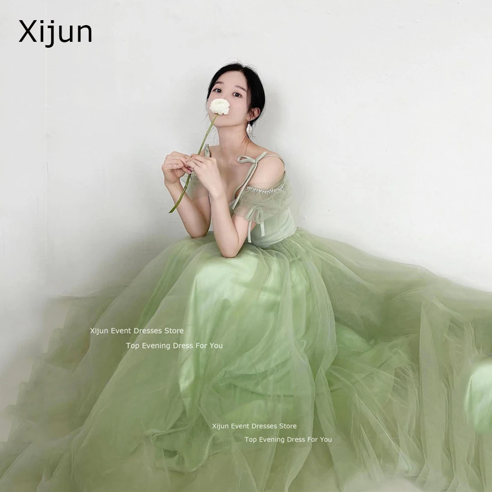 Xijun Sage Green Tulle Long Prom Dresses Korea Fairy Princess Wedding Dresses Formal Photoshoot Bridal Gowns Korean Party Gowns