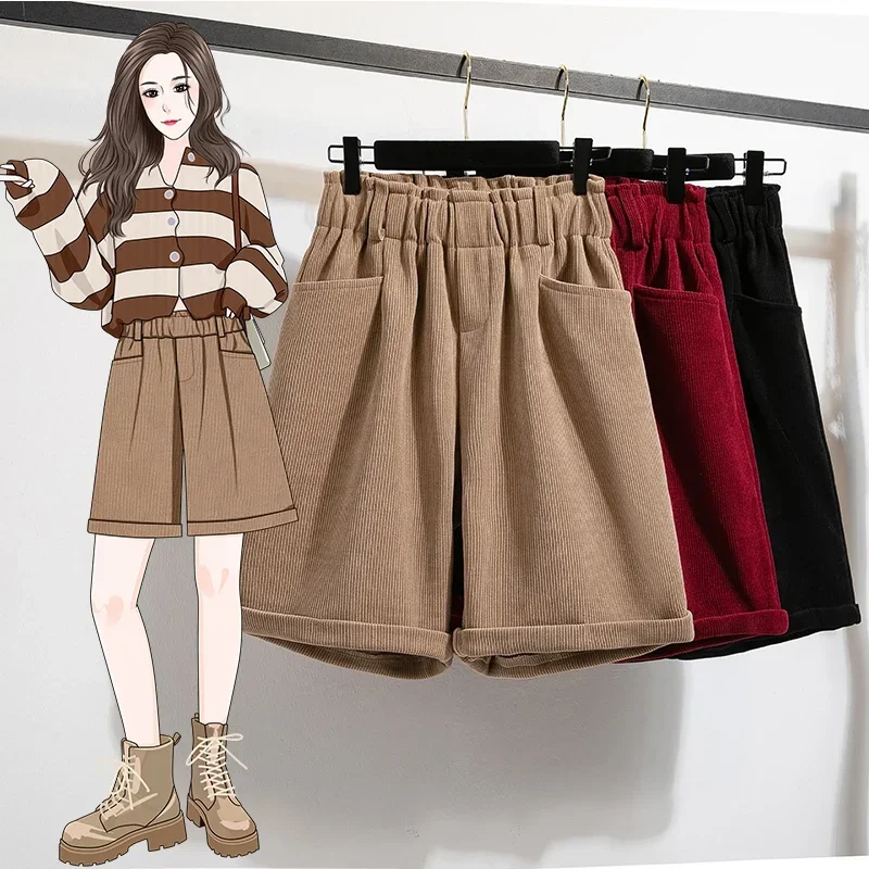 Casual Pockets High Waist Corduroy Slim Wide Leg Short Pants Korean Fashion Streetwear Basics Autumn Winter Plus Size Clothing