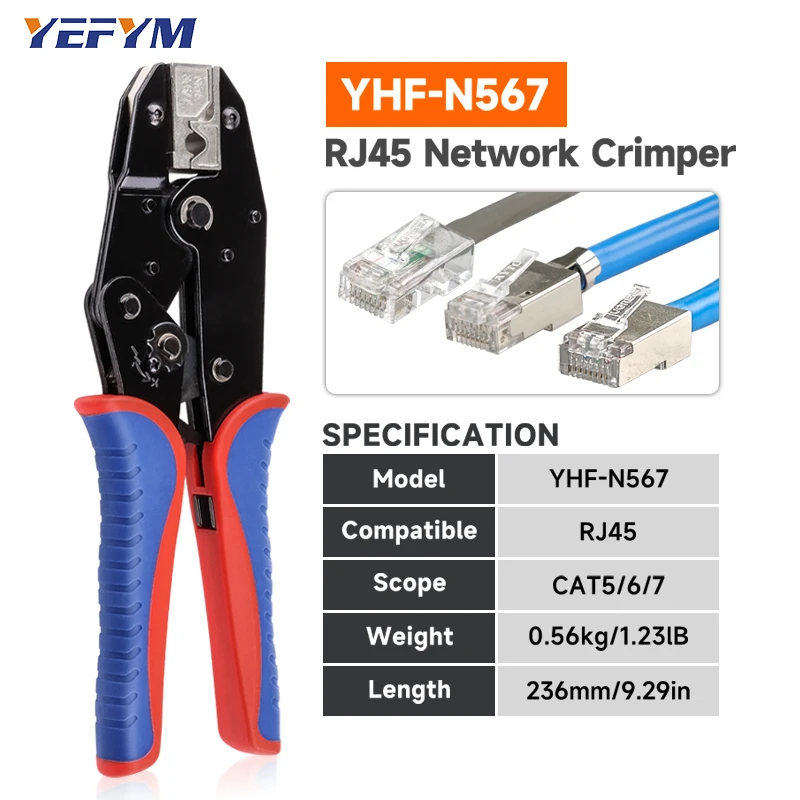 RJ45 Crimping Tool for Cat5/Cat6/Cat7 Ethernet Cables YHF-N567 Pliers Ratcheting for Precise Effortless Network Cable Crimping
