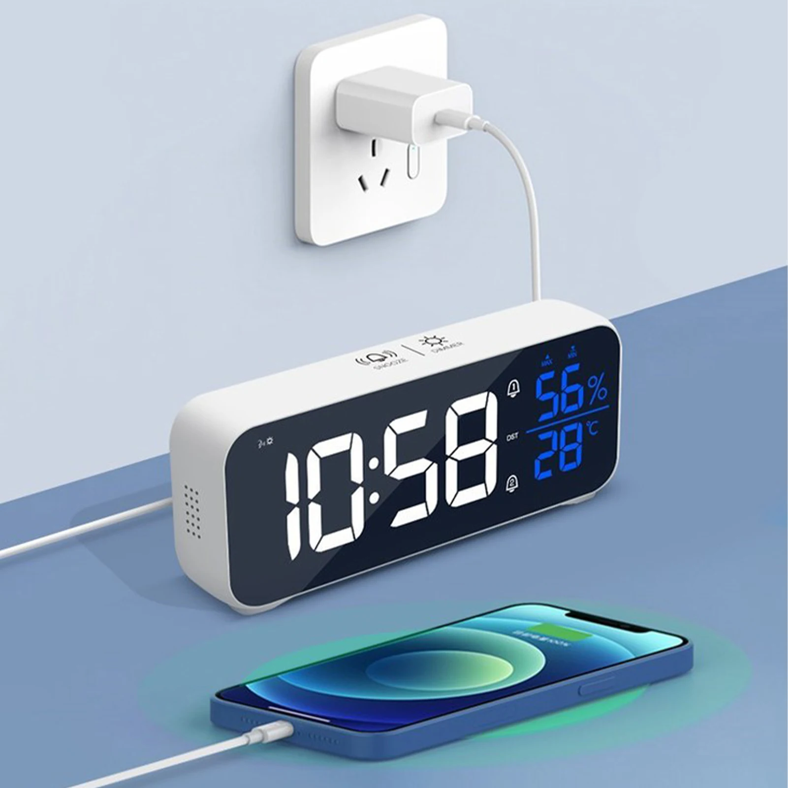 Music Alarm Clock Temperature Humidity Voice Control/Alaways On Table Clock Dual Alarm Wall Rechargeable Digital LED Clocks