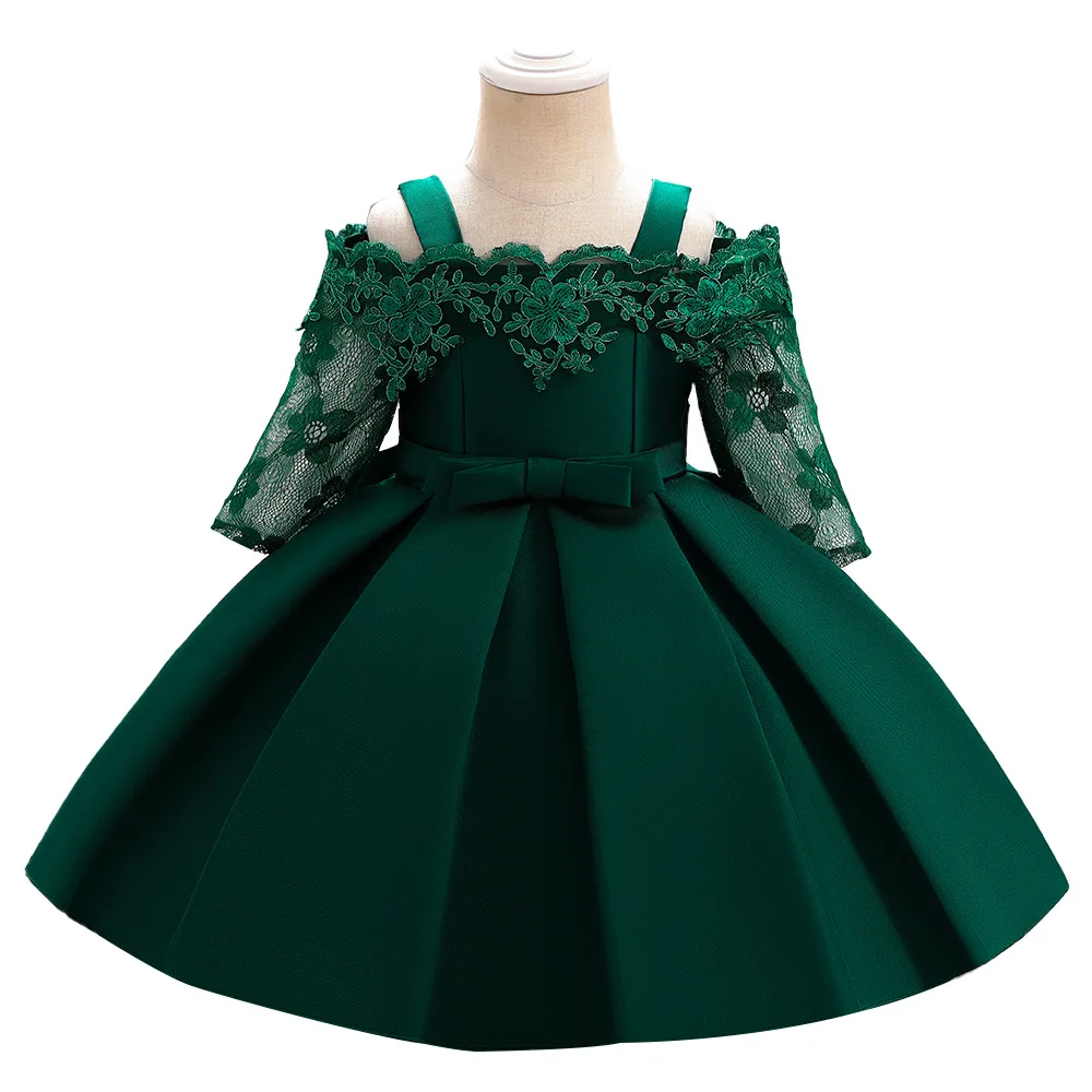 Green Christmas Dress for Girls Children Costume Elegant Kids Princess Party Dresses Lace Half Sleeve Girl Wedding Prom Gown