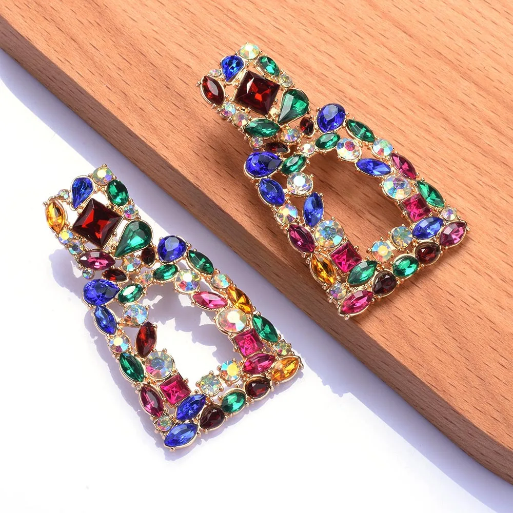 New luxury color crystal full diamond geometric alloy earrings personalized exaggerated catwalk earrings cross-border supply