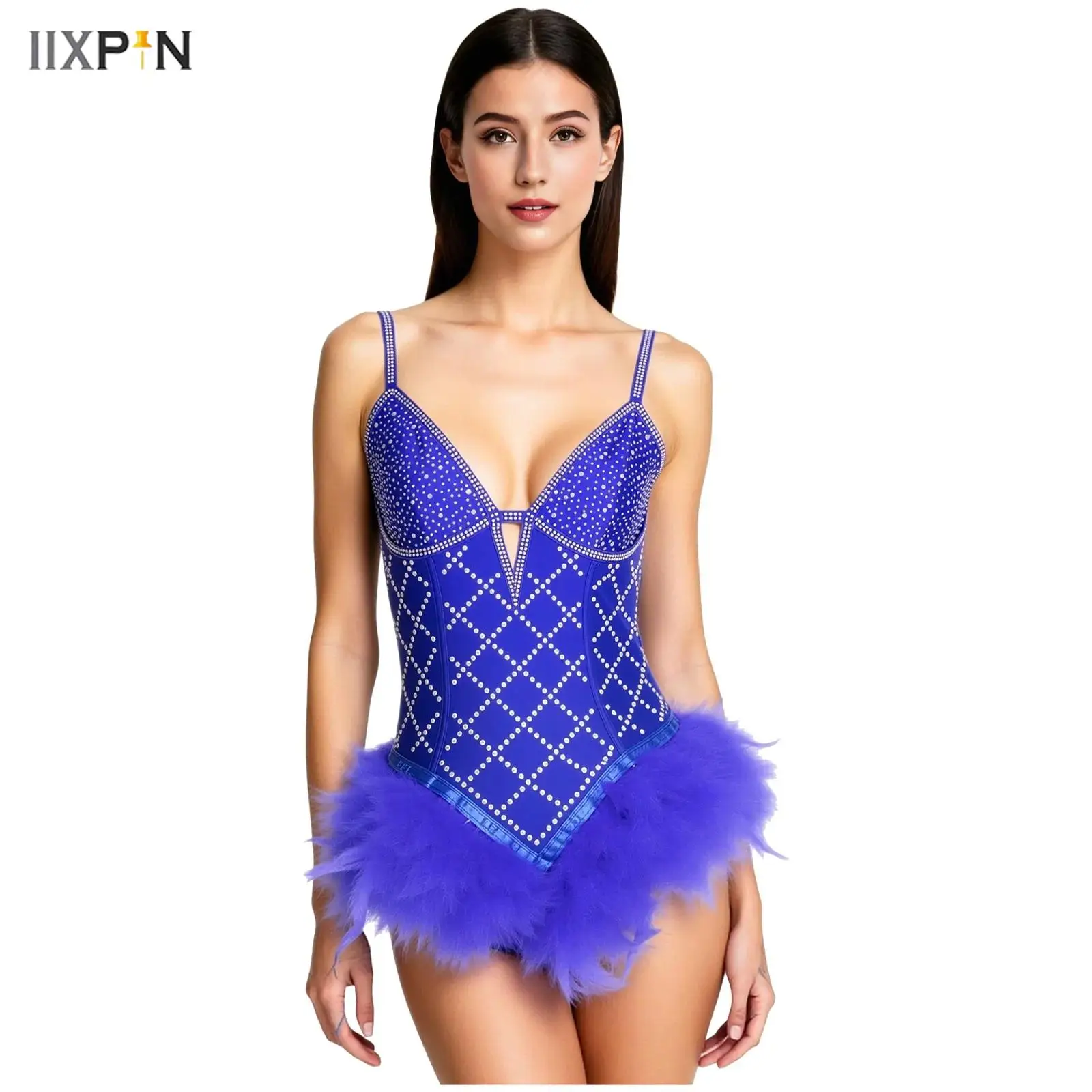 

Womens Ballet Dress Shiny Rhinestone Feather Leotard Deep V-Neck Adjustable Spaghetti Straps Strappy Bodysuit for Performance